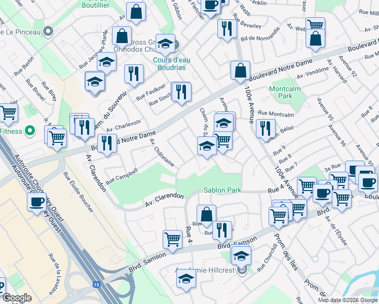 map of restaurants, bars, coffee shops, grocery stores, and more near 722 Avenue Drummond in Laval
