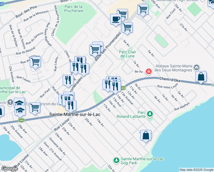 map of restaurants, bars, coffee shops, grocery stores, and more near 212 14e Avenue in Sainte-Marthe-sur-le-Lac