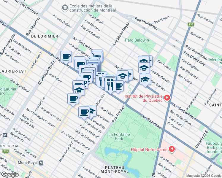 map of restaurants, bars, coffee shops, grocery stores, and more near in Montréal