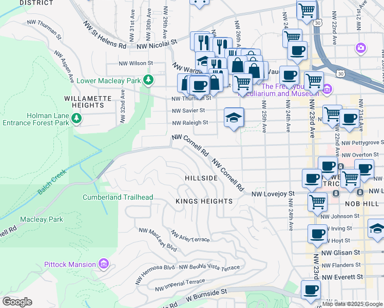 map of restaurants, bars, coffee shops, grocery stores, and more near 2847 Northwest Westover Road in Portland