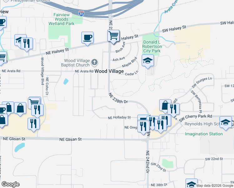map of restaurants, bars, coffee shops, grocery stores, and more near 23925 Northeast Treehill Drive in Wood Village