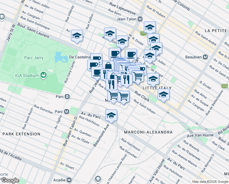 map of restaurants, bars, coffee shops, grocery stores, and more near 7025 Rue Waverly in Montréal