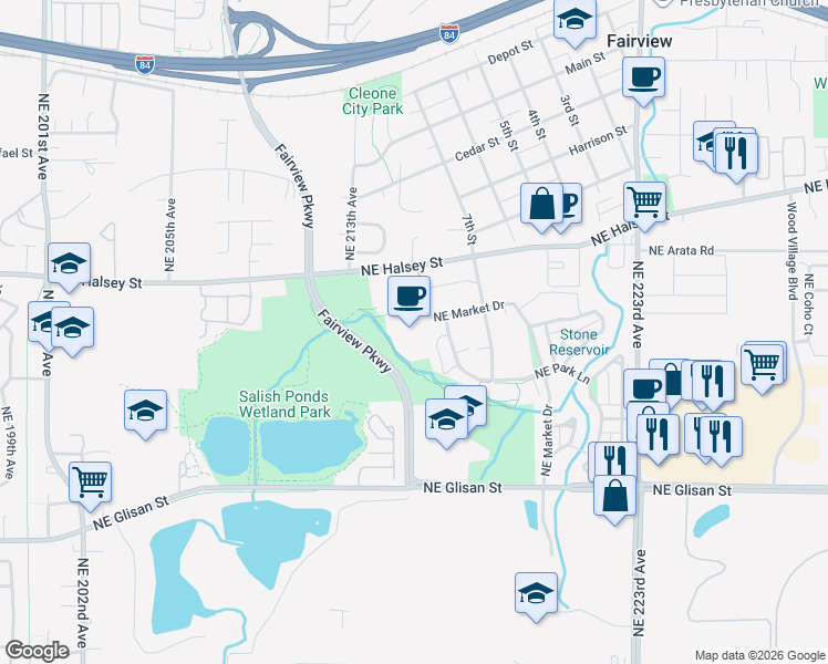 map of restaurants, bars, coffee shops, grocery stores, and more near 21500 Northeast Halsey Street in Fairview