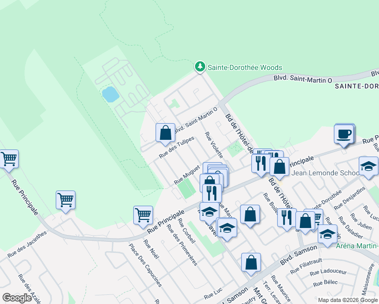 map of restaurants, bars, coffee shops, grocery stores, and more near 1051 Rue Mimosa in Laval