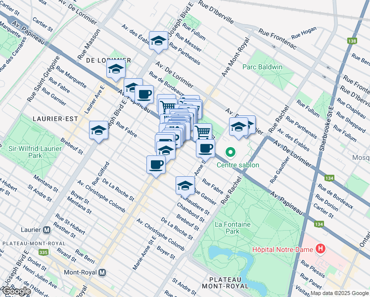 map of restaurants, bars, coffee shops, grocery stores, and more near 4495 Avenue Papineau in Montréal