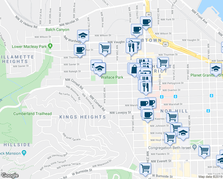 map of restaurants, bars, coffee shops, grocery stores, and more near 2541 Northwest Overton Street in Portland