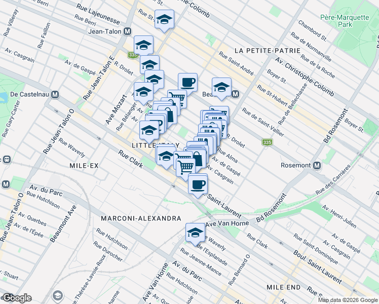 map of restaurants, bars, coffee shops, grocery stores, and more near 6557 Avenue Casgrain in Montréal