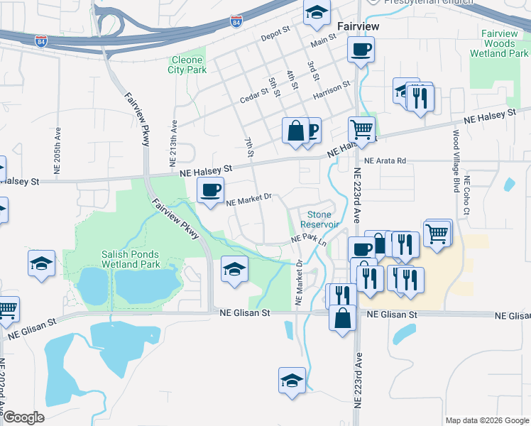 map of restaurants, bars, coffee shops, grocery stores, and more near 1510 Northeast Village Street in Fairview