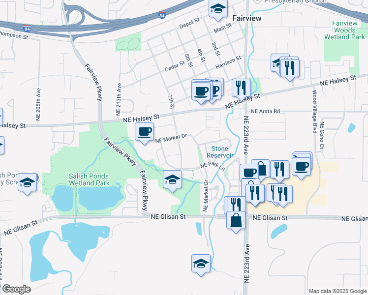 map of restaurants, bars, coffee shops, grocery stores, and more near 1528 Northeast Village Street in Fairview