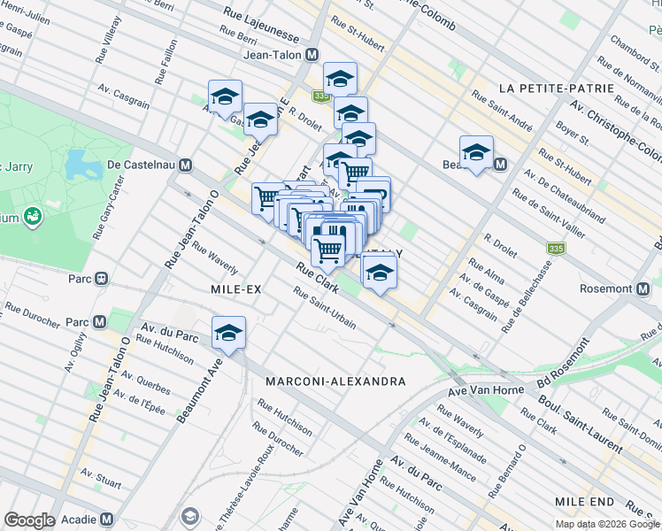 map of restaurants, bars, coffee shops, grocery stores, and more near 6728 Boulevard Saint-Laurent in Montréal