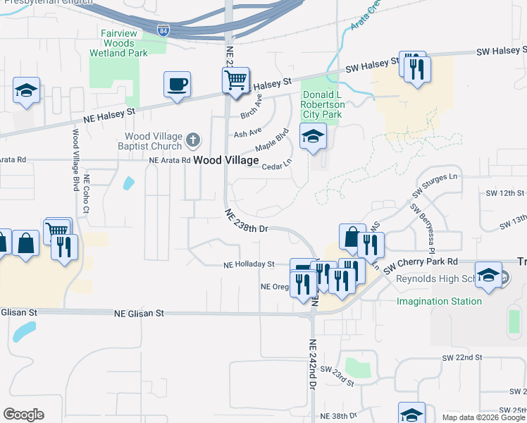 map of restaurants, bars, coffee shops, grocery stores, and more near 24011 Northeast Treehill Drive in Wood Village