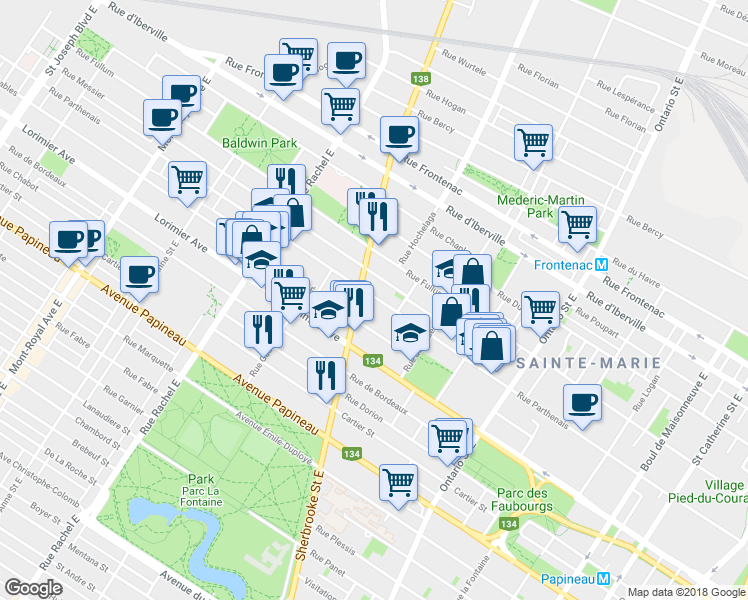 map of restaurants, bars, coffee shops, grocery stores, and more near 2436 Rue Parthenais in Montréal
