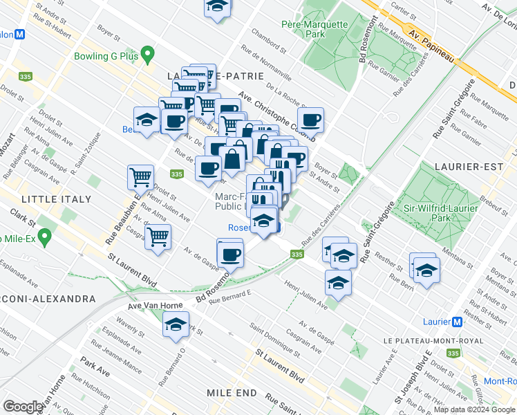 map of restaurants, bars, coffee shops, grocery stores, and more near 5854 Rue de Saint Vallier in Montréal