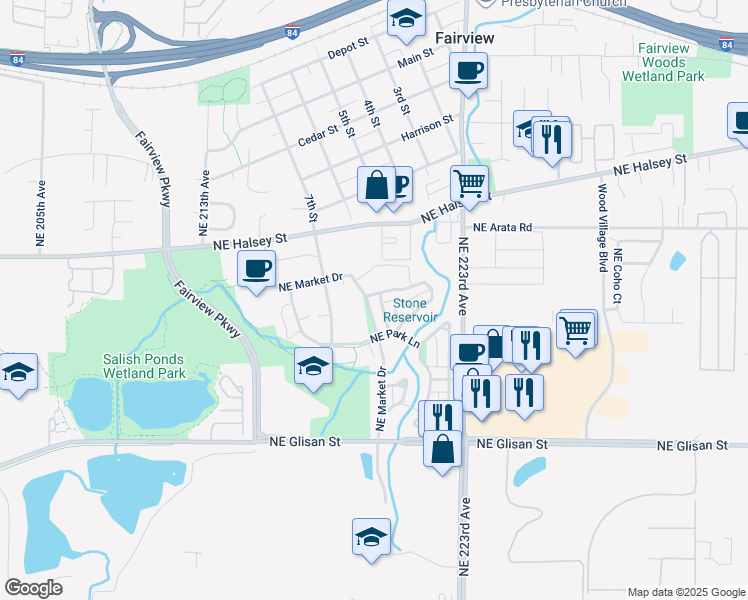 map of restaurants, bars, coffee shops, grocery stores, and more near 1486 Northeast Market Drive in Fairview