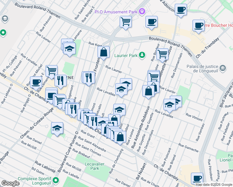 map of restaurants, bars, coffee shops, grocery stores, and more near 2055 Rue Lavallée in Longueuil