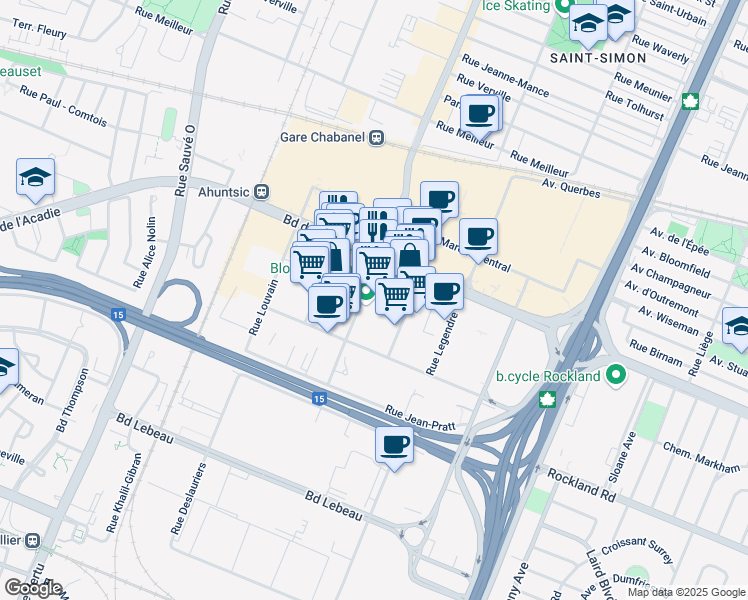 map of restaurants, bars, coffee shops, grocery stores, and more near 9292 Boulevard de l'Acadie in Montréal