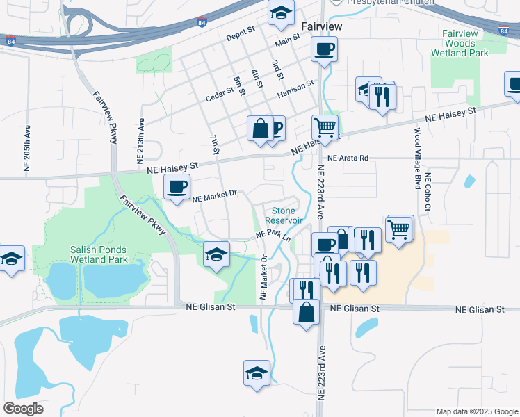 map of restaurants, bars, coffee shops, grocery stores, and more near 1486 Northeast Market Drive in Fairview