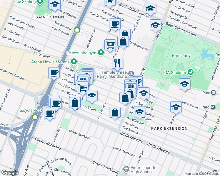 map of restaurants, bars, coffee shops, grocery stores, and more near in Montreal