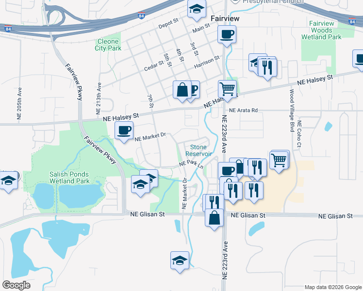 map of restaurants, bars, coffee shops, grocery stores, and more near 1486 Northeast Market Drive in Fairview