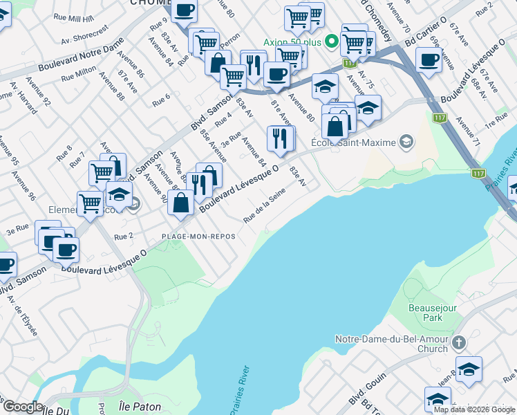 map of restaurants, bars, coffee shops, grocery stores, and more near 4093 Rue de la Seine in Laval