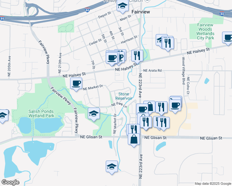 map of restaurants, bars, coffee shops, grocery stores, and more near 21933 Northeast Chinook Way in Fairview