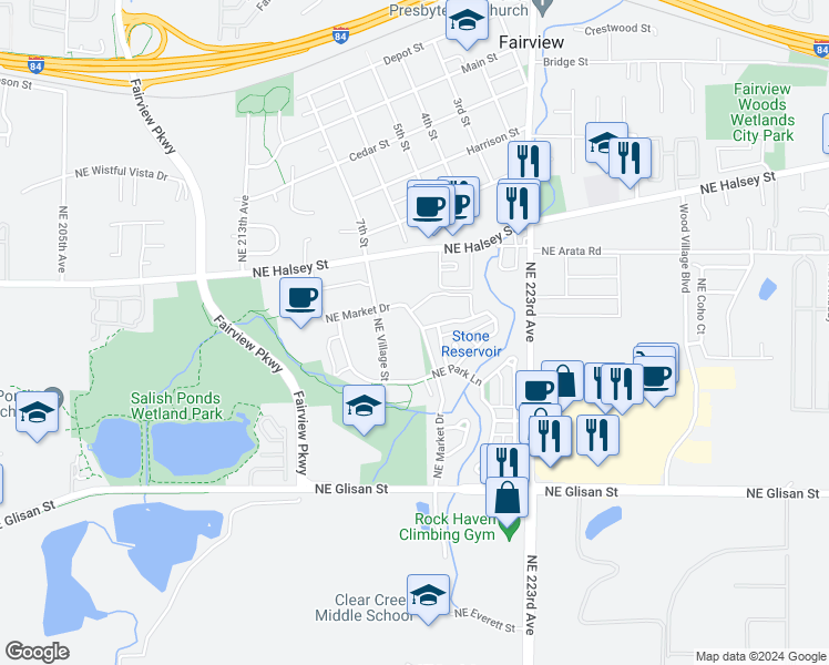 map of restaurants, bars, coffee shops, grocery stores, and more near 21933 Northeast Chinook Way in Fairview