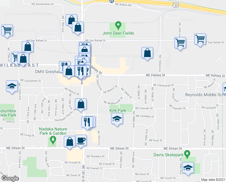 map of restaurants, bars, coffee shops, grocery stores, and more near 18325 Northeast Wasco Street in Portland