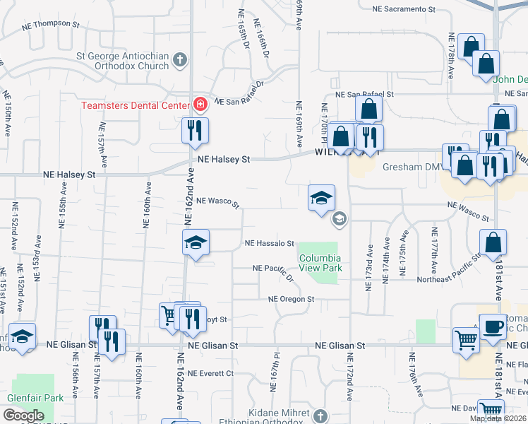 map of restaurants, bars, coffee shops, grocery stores, and more near 16651 Northeast Wasco Street in Portland