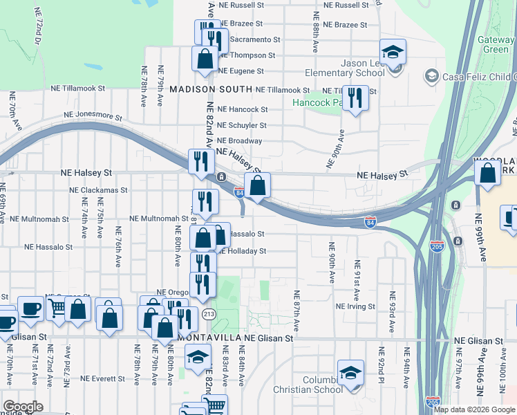 map of restaurants, bars, coffee shops, grocery stores, and more near 8530 Northeast Clackamas Street in Portland