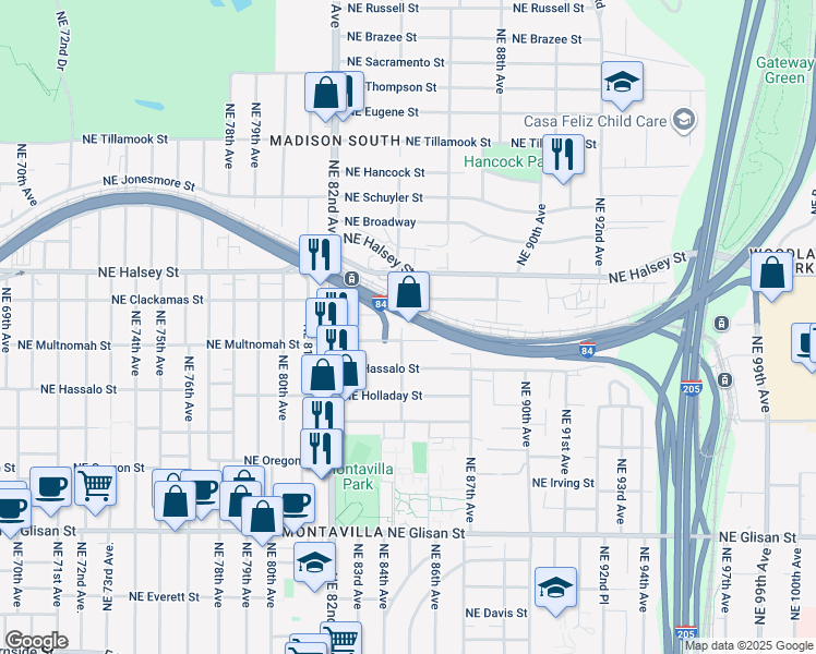 map of restaurants, bars, coffee shops, grocery stores, and more near 8530 Northeast Clackamas Street in Portland