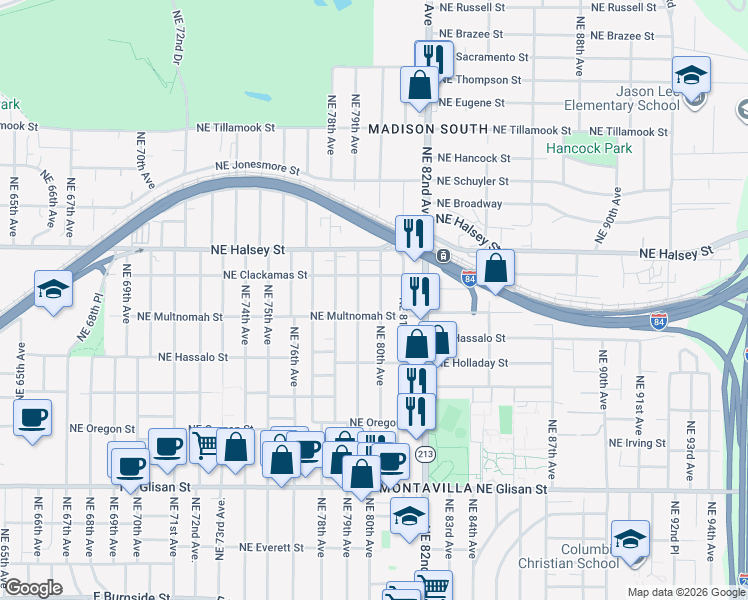map of restaurants, bars, coffee shops, grocery stores, and more near 1324 Northeast 79th Avenue in Portland
