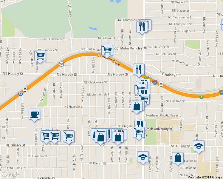 map of restaurants, bars, coffee shops, grocery stores, and more near 1315 Northeast 78th Avenue in Portland