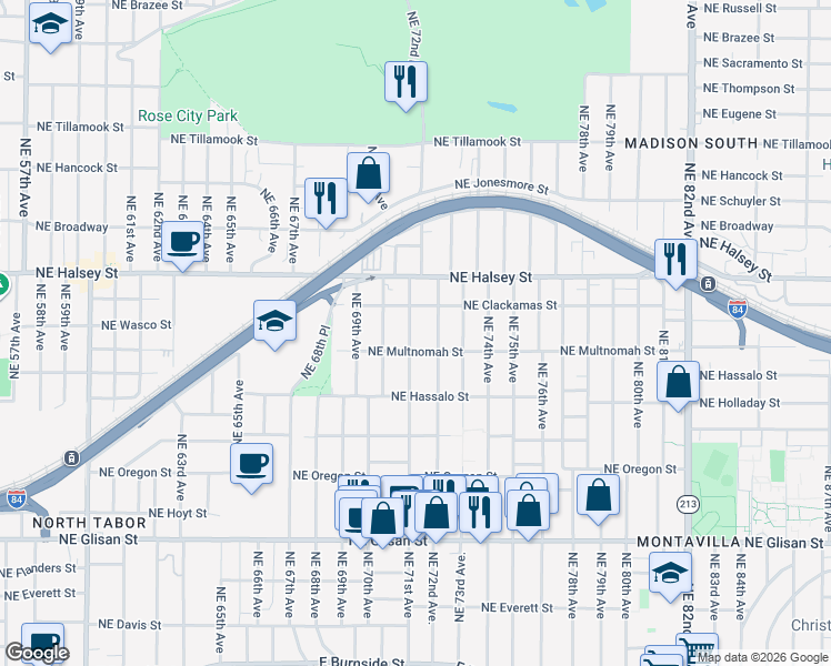 map of restaurants, bars, coffee shops, grocery stores, and more near 1311 Northeast 72nd Avenue in Portland