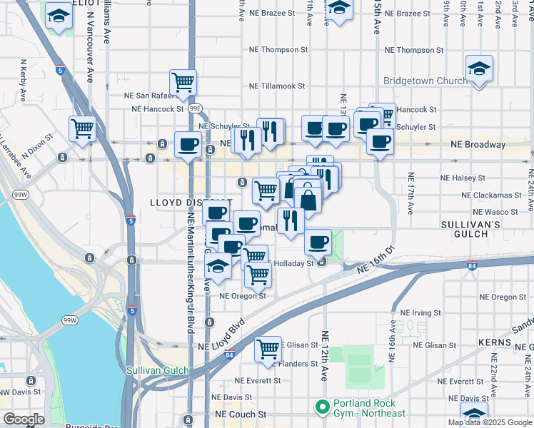 map of restaurants, bars, coffee shops, grocery stores, and more near 1338 Northeast 9th Avenue in Portland