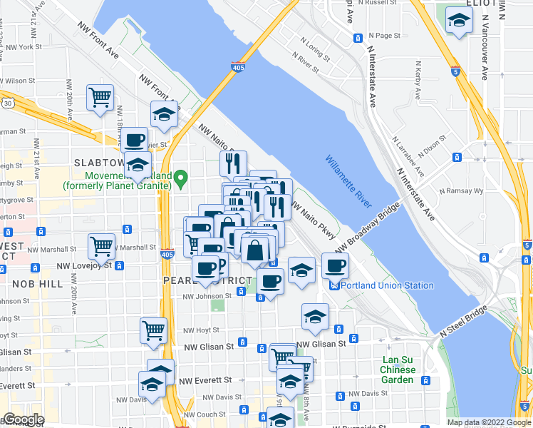 map of restaurants, bars, coffee shops, grocery stores, and more near 917 Northwest Overton Street in Portland