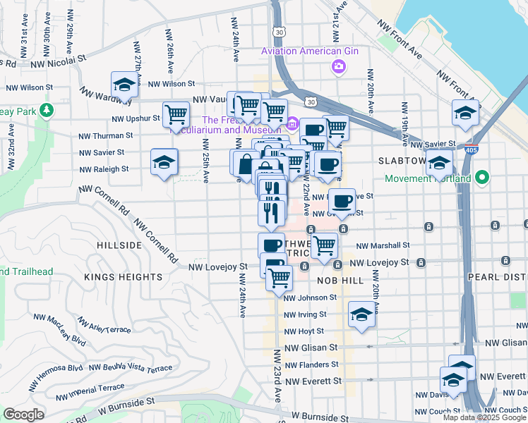 map of restaurants, bars, coffee shops, grocery stores, and more near 2356 Northwest Pettygrove Street in Portland
