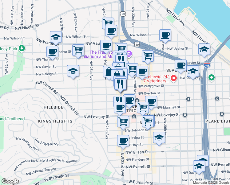 map of restaurants, bars, coffee shops, grocery stores, and more near 2356 Northwest Pettygrove Street in Portland