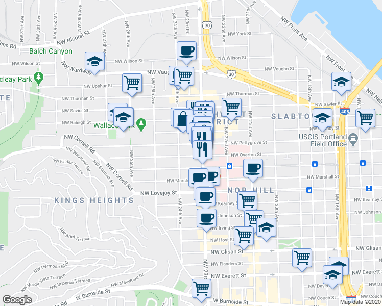 map of restaurants, bars, coffee shops, grocery stores, and more near 2356 Northwest Pettygrove Street in Portland