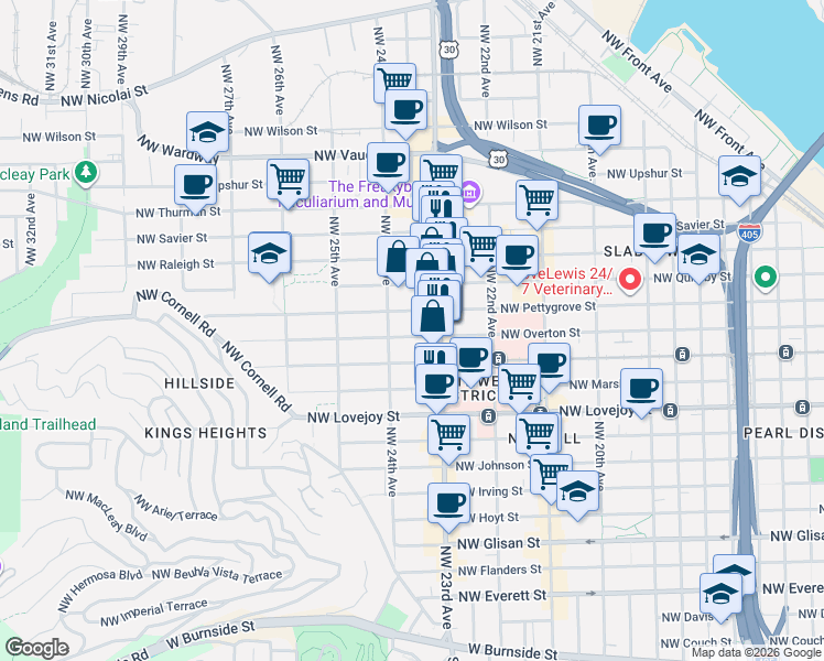 map of restaurants, bars, coffee shops, grocery stores, and more near 2356 Northwest Pettygrove Street in Portland