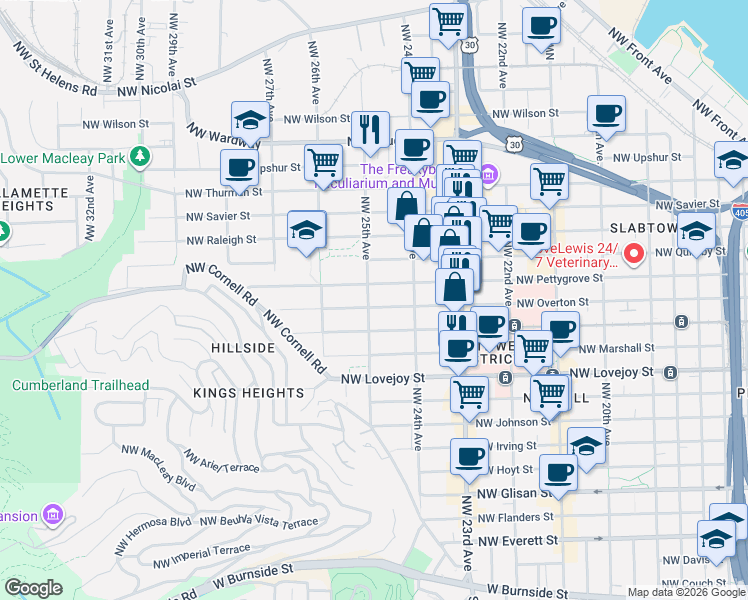 map of restaurants, bars, coffee shops, grocery stores, and more near 1331 Northwest 25th Avenue in Portland