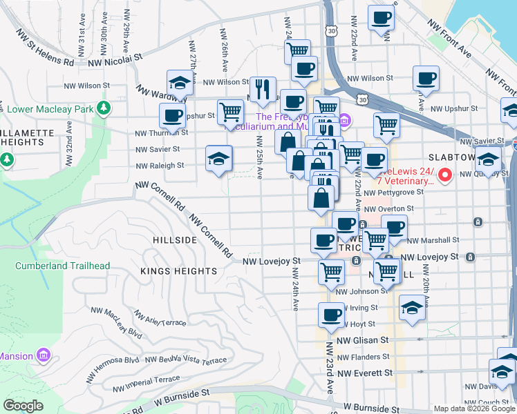map of restaurants, bars, coffee shops, grocery stores, and more near 1331 Northwest 25th Avenue in Portland