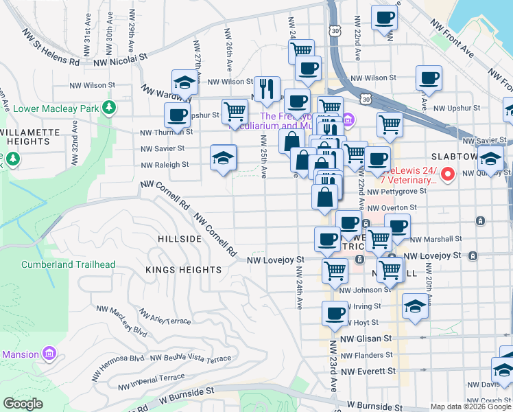 map of restaurants, bars, coffee shops, grocery stores, and more near 1331 Northwest 25th Avenue in Portland