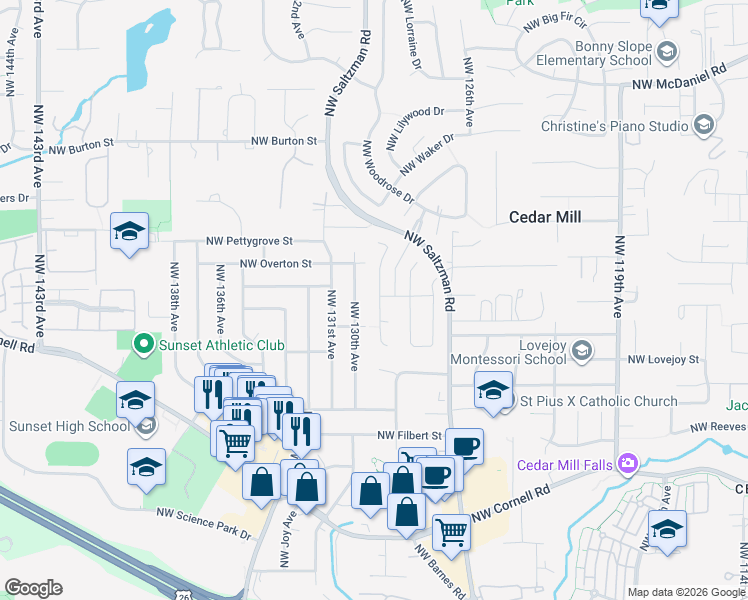 map of restaurants, bars, coffee shops, grocery stores, and more near 1754 Northwest 129th Place in Portland