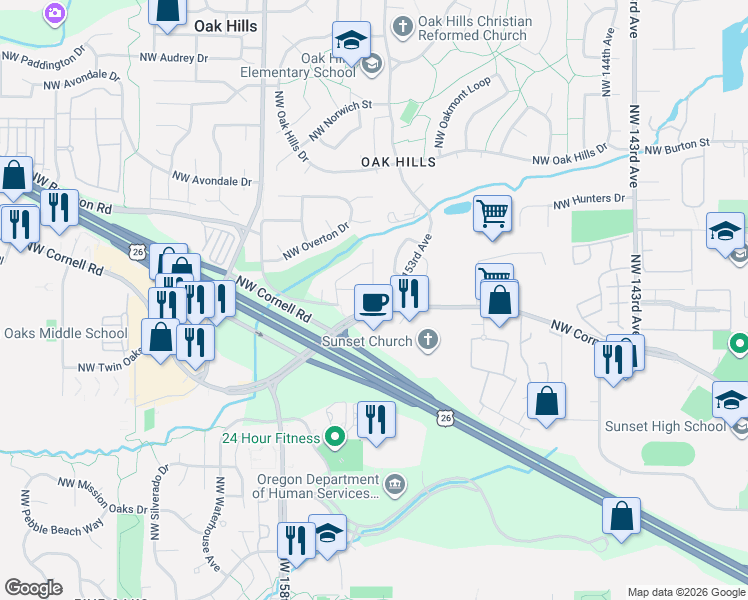 map of restaurants, bars, coffee shops, grocery stores, and more near 1815 Northwest Albion Court in Beaverton