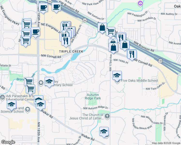 map of restaurants, bars, coffee shops, grocery stores, and more near 17576 Northwest Shorewood Drive in Beaverton