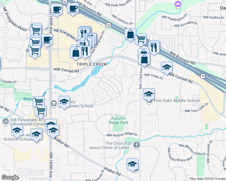 map of restaurants, bars, coffee shops, grocery stores, and more near 17645 Northwest Rolling Hill Lane in Beaverton