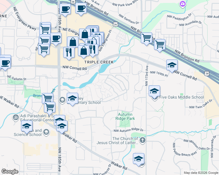 map of restaurants, bars, coffee shops, grocery stores, and more near 1796 Northwest Rolling Hill Drive in Beaverton