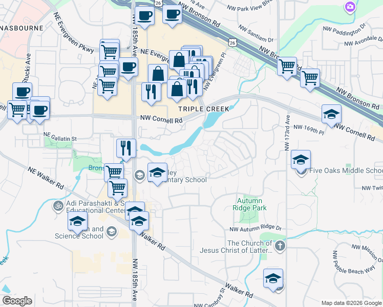 map of restaurants, bars, coffee shops, grocery stores, and more near 1798 Northwest Lakeway Lane in Beaverton