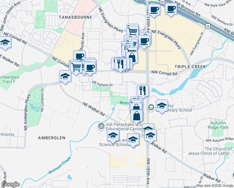 map of restaurants, bars, coffee shops, grocery stores, and more near 10566 Northeast Avery Way in Hillsboro
