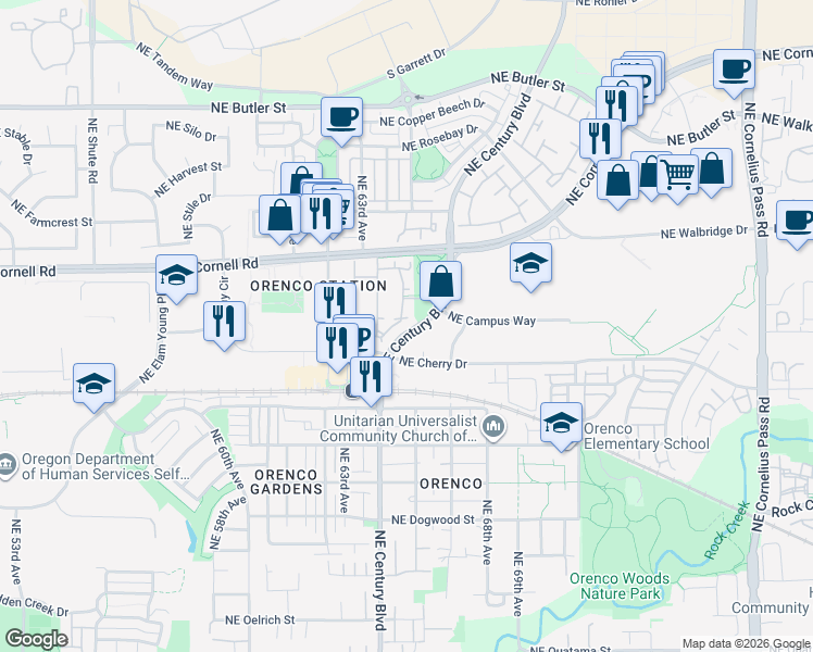 map of restaurants, bars, coffee shops, grocery stores, and more near 1749 Northeast Century Boulevard in Hillsboro